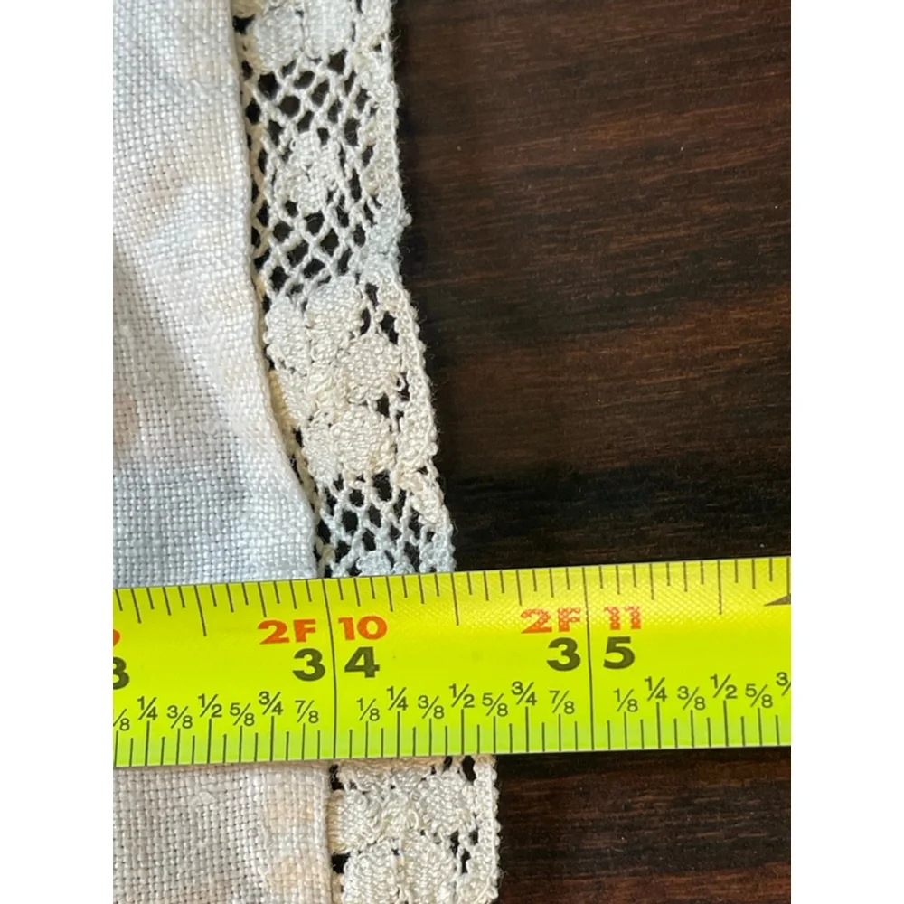 Vintage Linen Table Topper Blue Cross Stitch Floral Lace Trim 34x34 Cottage